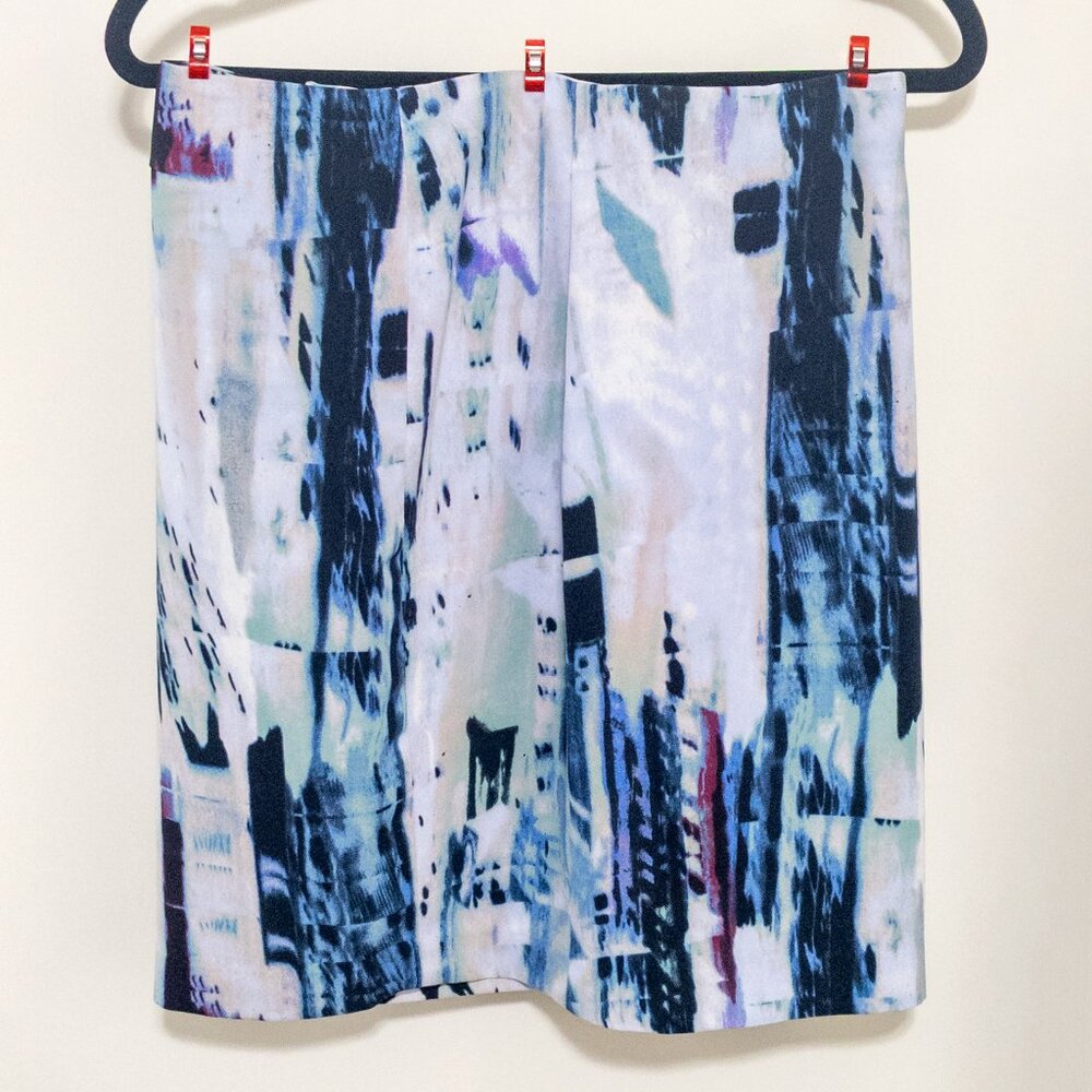 Kenar Pencil Straight Skirt Watercolor Blue Size 4 Lined Abstract Print Stretch